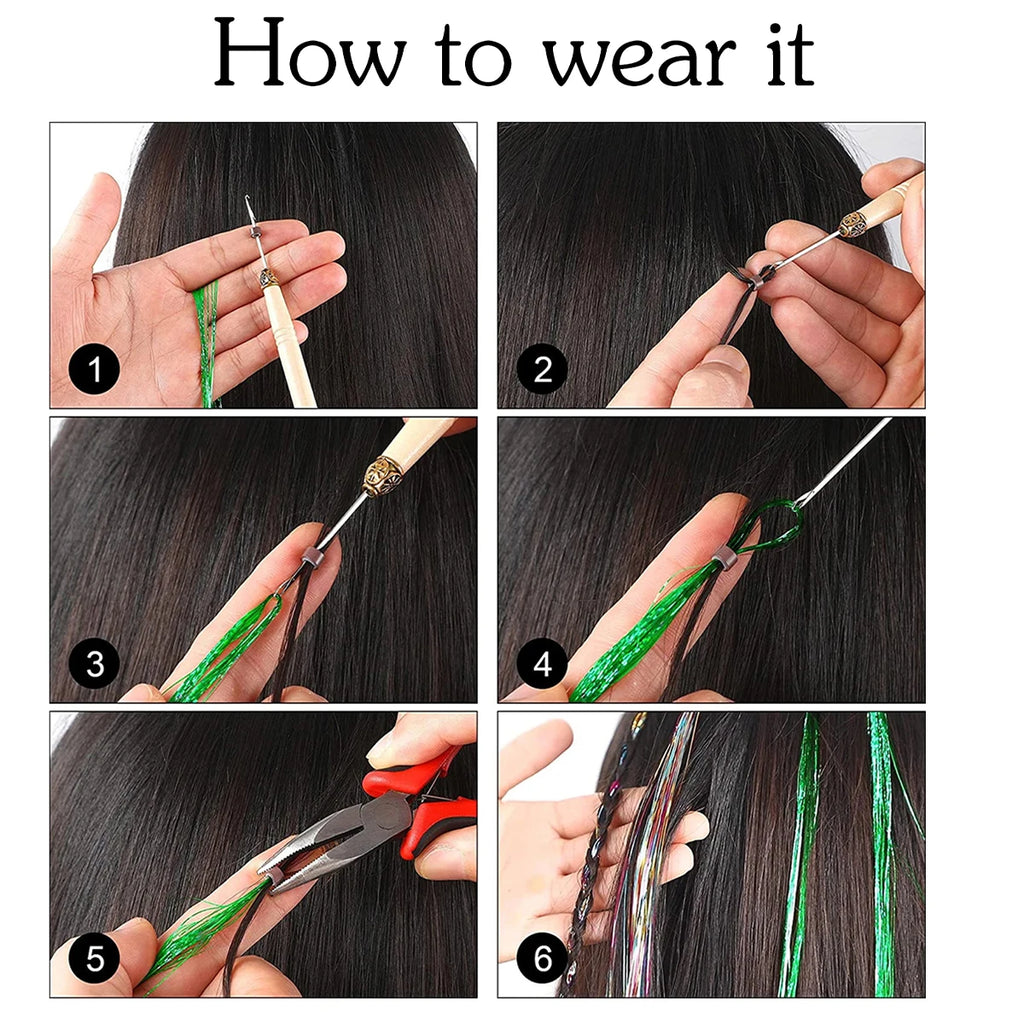 How to fit hair tinsel in six steps — loop it around a section of hair, knot it, trim it level