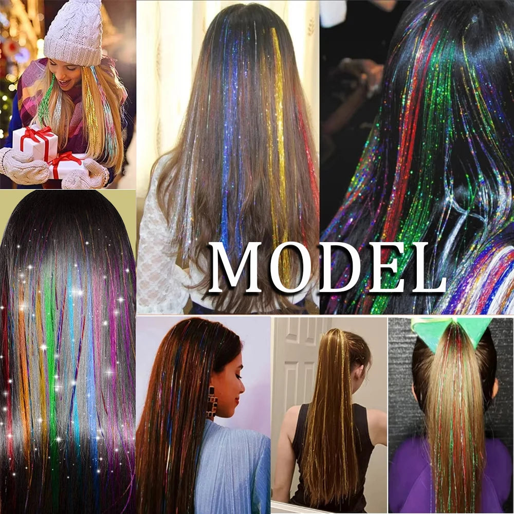 Fairy hair tinsel worn by four different people, showing the look on light and dark hair