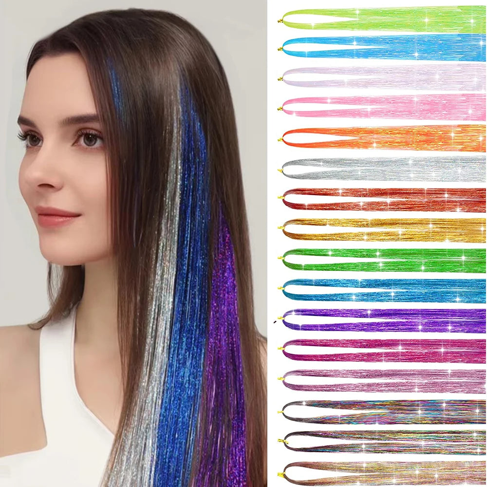Woman wearing fairy hair tinsel — fine sparkle strands blended into long hair, with the full colour range alongside